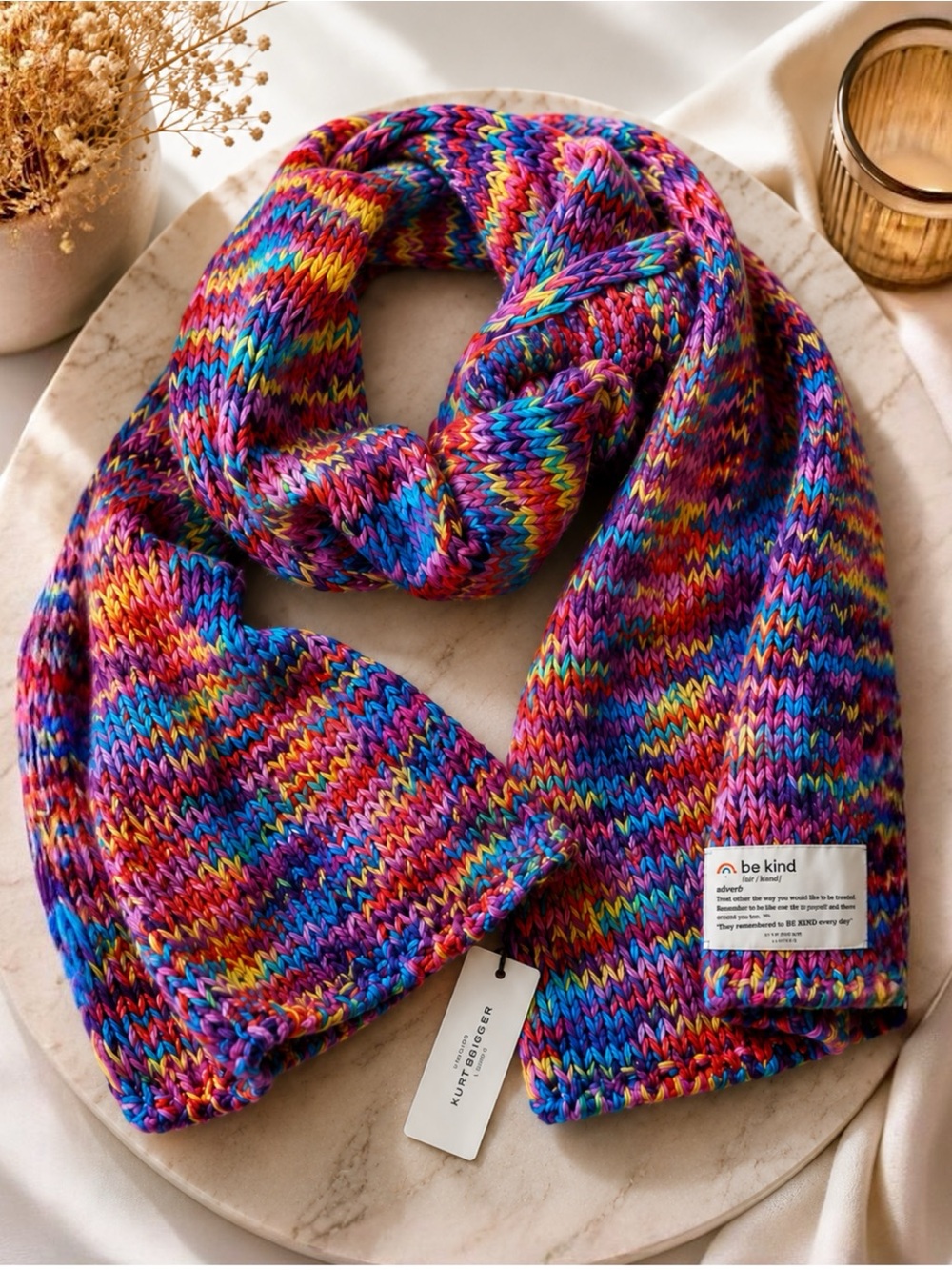 NWT Kurt Geiger London Be Kind Rainbow Knit Scarf Multicolor Cozy Winter